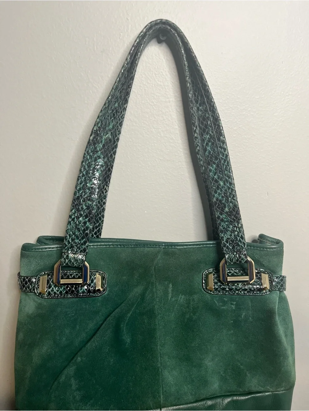 B Makowsky, Snakeskin Green Suede & Leather Shoulder Purse/Handbag Hobo